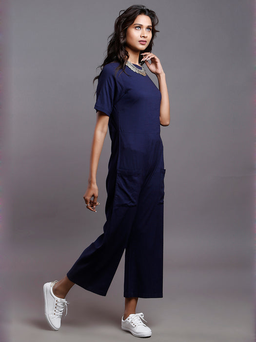 NAVY PLAIN STRETCH JUMPSUIT- MOMS