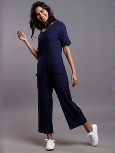 NAVY PLAIN STRETCH JUMPSUIT- MOMS