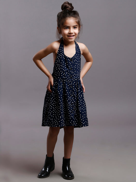 NAVY POLKA HALTER DRESS