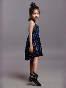 NAVY POLKA HALTER DRESS