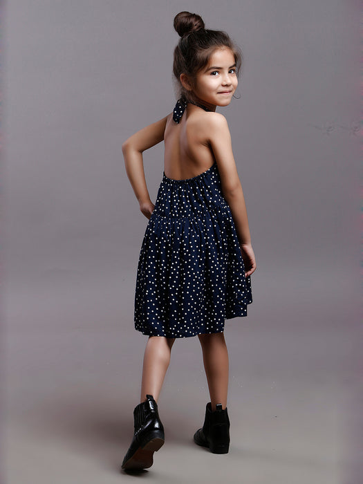 NAVY POLKA HALTER DRESS
