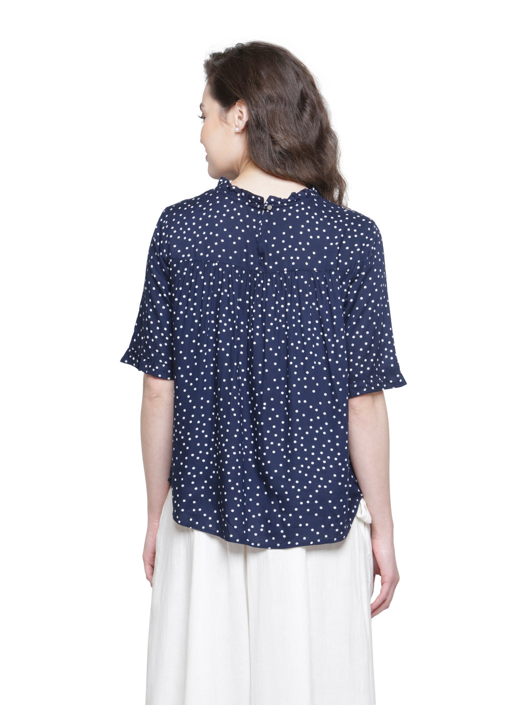 STOCK CLEARANCE SALE- NAVY POLKA LACE DETAIL TOP