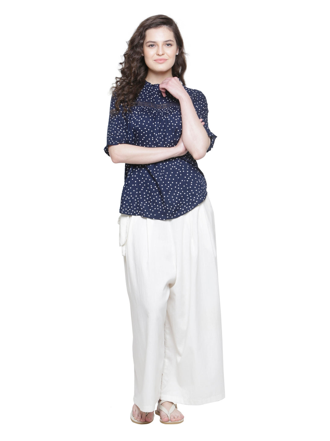 STOCK CLEARANCE SALE- NAVY POLKA LACE DETAIL TOP