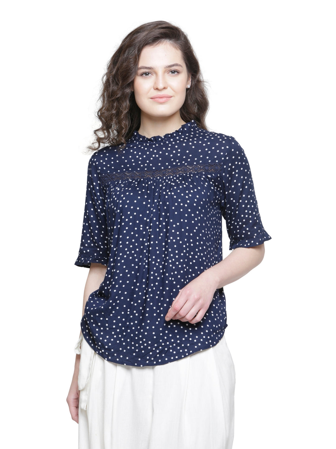STOCK CLEARANCE SALE- NAVY POLKA LACE DETAIL TOP