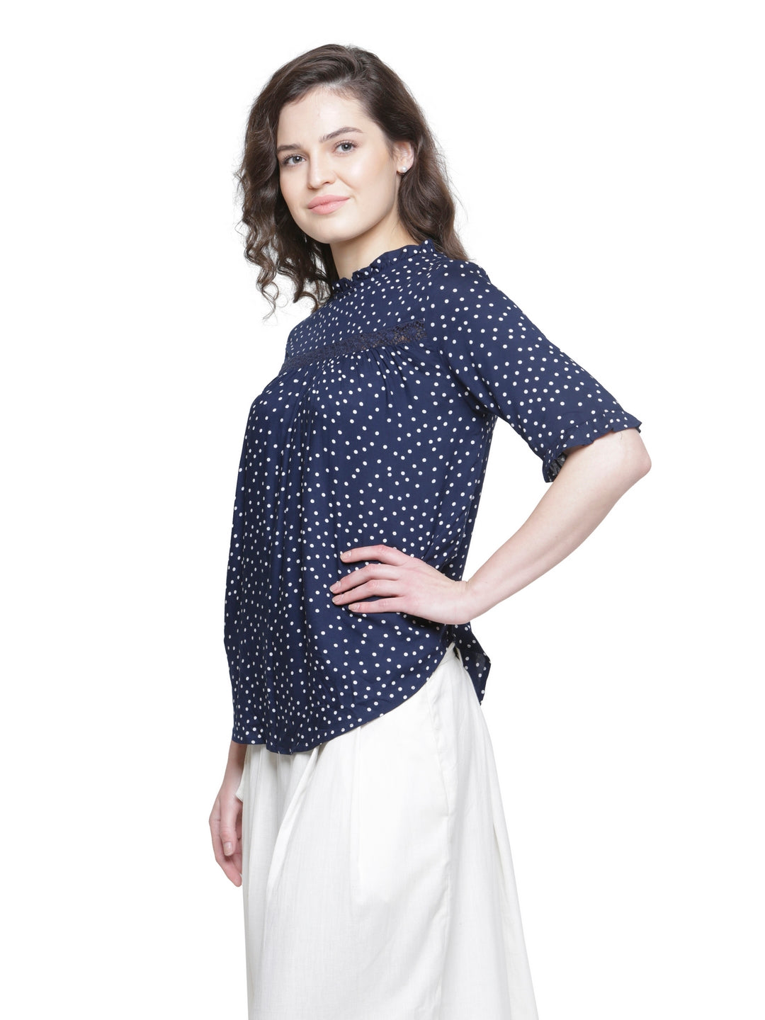 STOCK CLEARANCE SALE- NAVY POLKA LACE DETAIL TOP