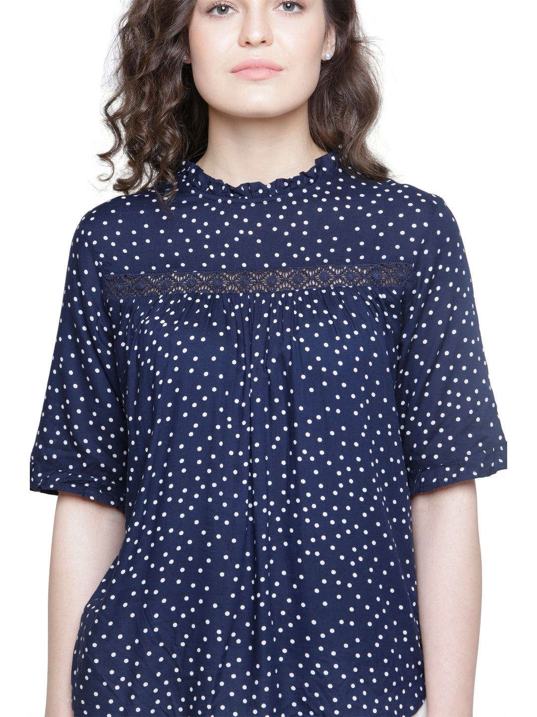 STOCK CLEARANCE SALE- NAVY POLKA LACE DETAIL TOP