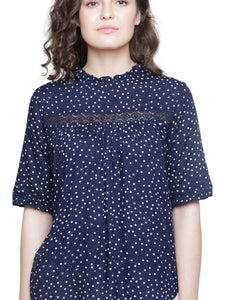 SOLD OUT- NAVY POLKA LACE DETAIL TOP