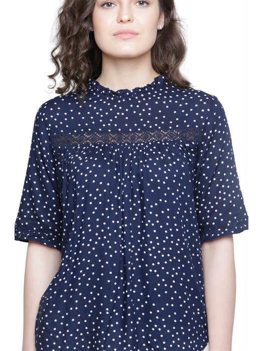 SOLD OUT- NAVY POLKA LACE DETAIL TOP