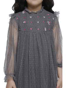 SMOKE GRAY TULLE EMBD DRESS