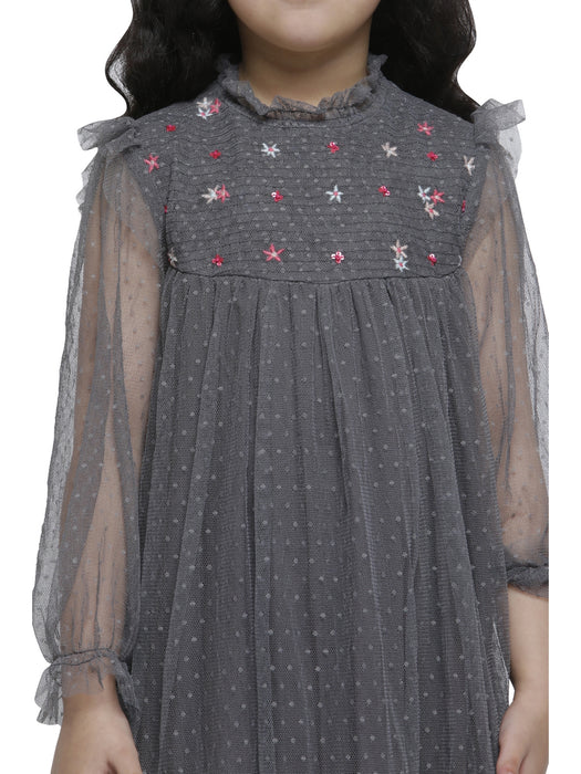 SMOKE GRAY TULLE EMBD DRESS