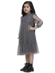 SMOKE GRAY TULLE EMBD DRESS