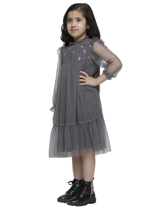 SMOKE GRAY TULLE EMBD DRESS