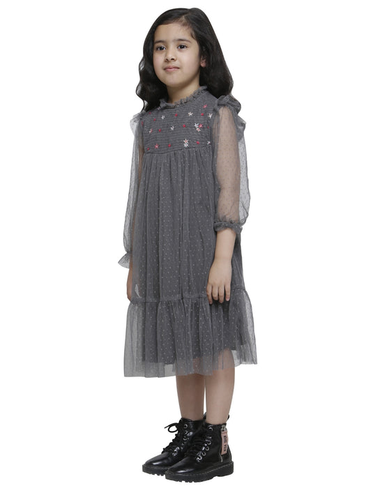 SMOKE GRAY TULLE EMBD DRESS