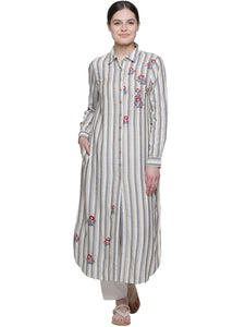 STRIPE FLAX COLLARED EMBD KURTA