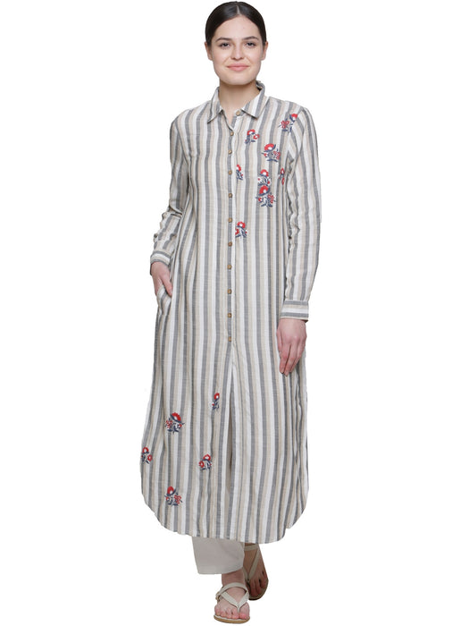 STRIPE FLAX COLLARED EMBD KURTA