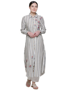 STRIPE FLAX COLLARED EMBD KURTA
