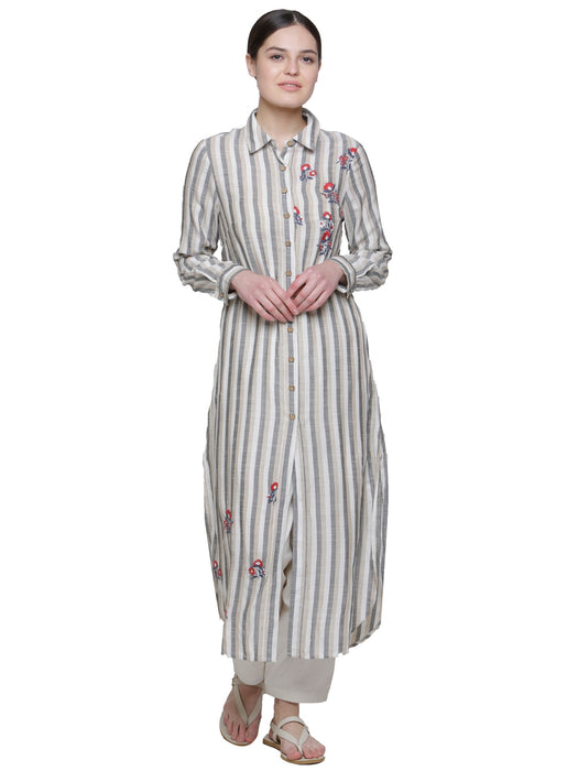 STRIPE FLAX COLLARED EMBD KURTA