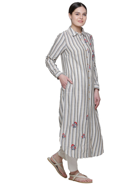 STRIPE FLAX COLLARED EMBD KURTA