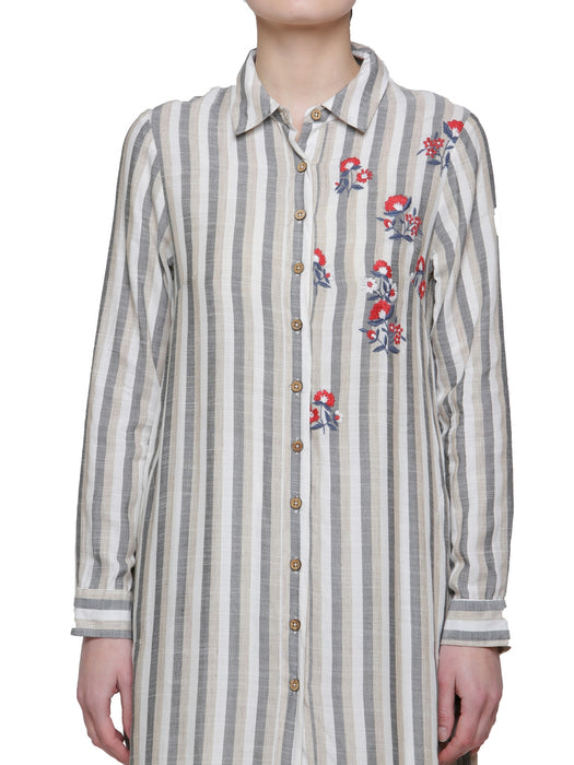 STRIPE FLAX COLLARED EMBD KURTA