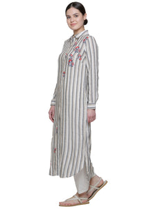 STRIPE FLAX COLLARED EMBD KURTA