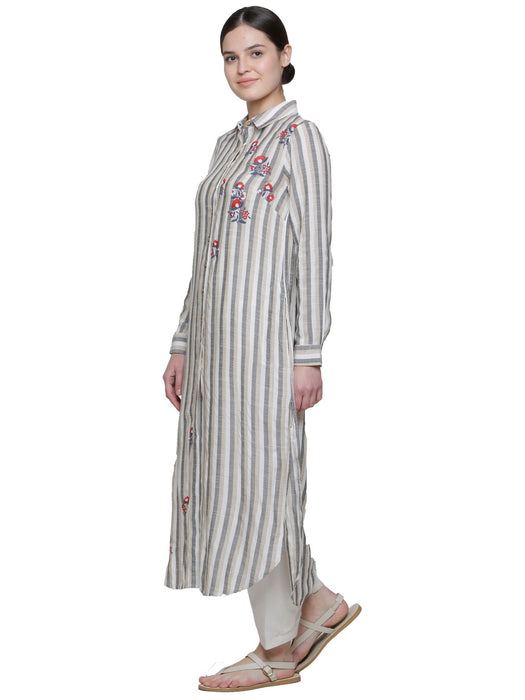 STRIPE FLAX COLLARED EMBD KURTA