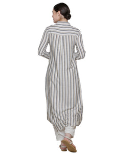 STRIPE FLAX COLLARED EMBD KURTA