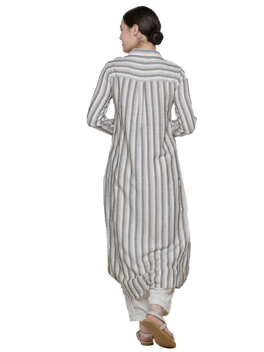 STRIPE FLAX COLLARED EMBD KURTA
